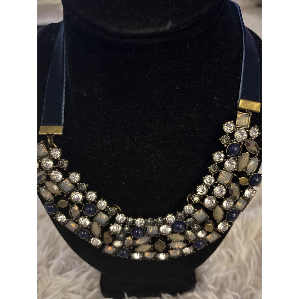 Vintage Crystal & Gemstone Choker Necklace With Blue Velvet Ribbon & Gold-Tone A